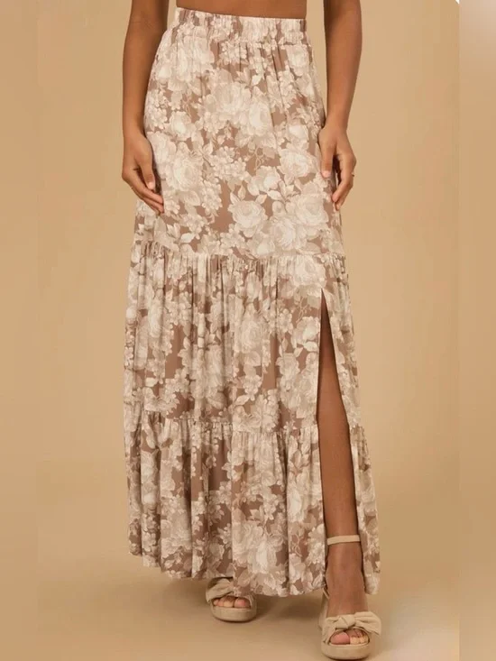 ARULA Rynn Beige Floral Tiered Maxi Skirt with Front Slit sz 22/24